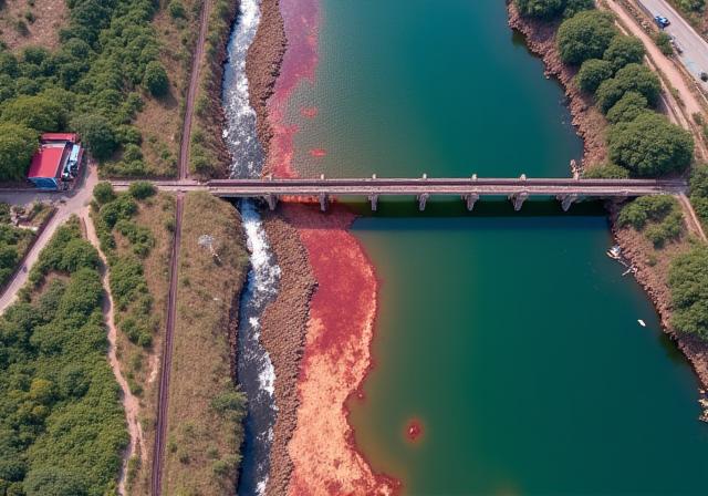 Aerial view of the polluted Yamuna River, showing distinct color changes from industrial discharge.