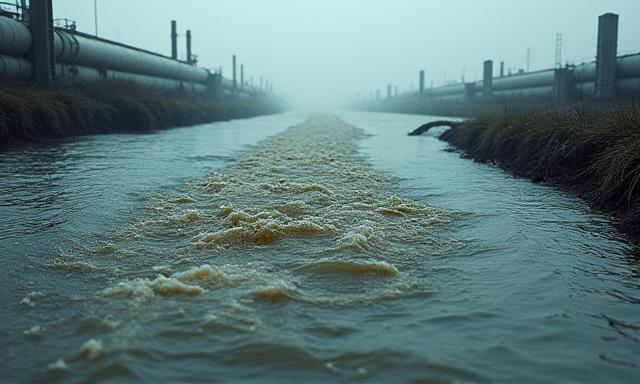 Toxic industrial runoff flowing directly into a river, creating a stark contrast with natural water.