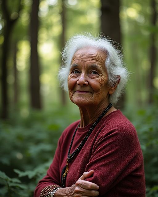 Elderly woman, a veteran Chipko movement activist, stands proudly in a forest.