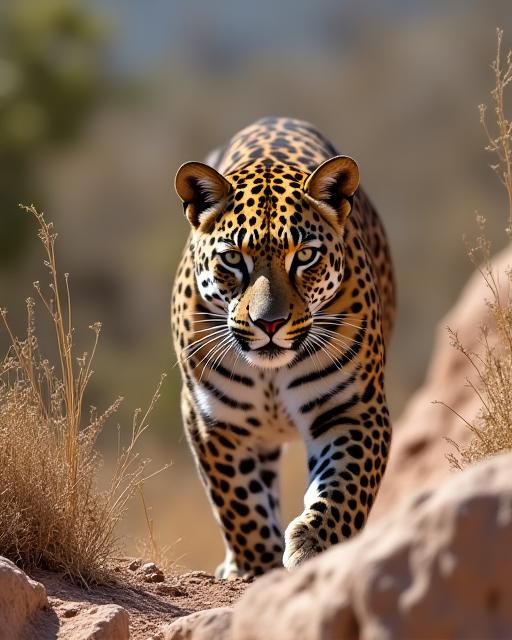 Majestic leopard camouflaged in the dry, rocky terrain of the Aravalli hills.