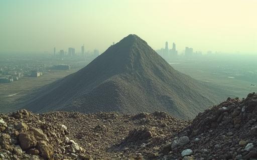 Massive landfill towering over a city skyline in India